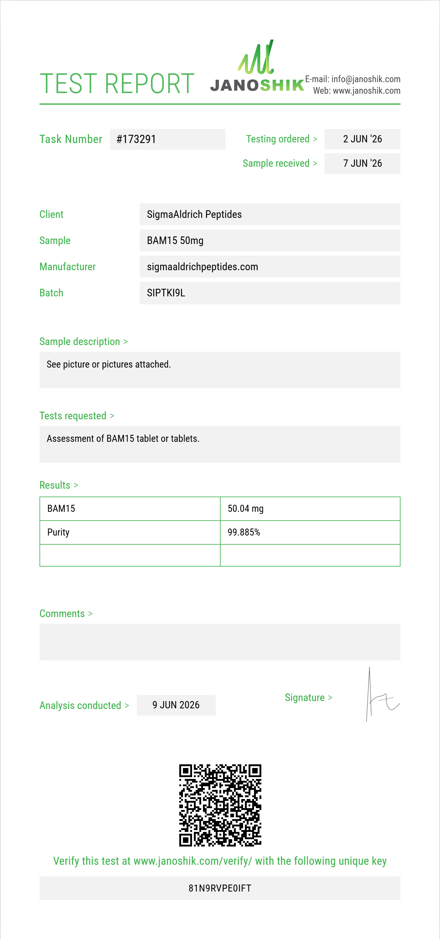BAM15 Purity (HPLC) report by Janoshik Analytical