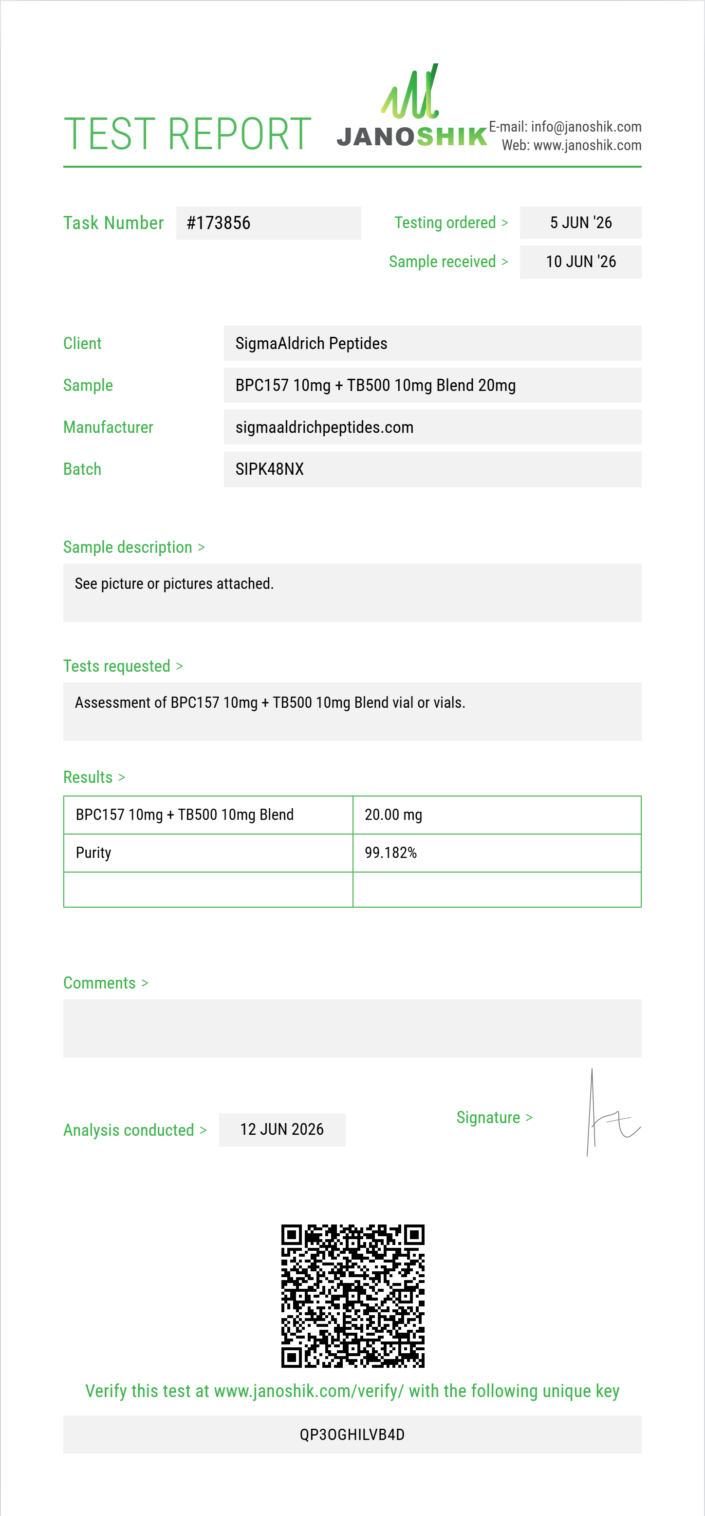 BPC157 10mg + TB500 10mg Blend Purity (HPLC) report by Janoshik Analytical
