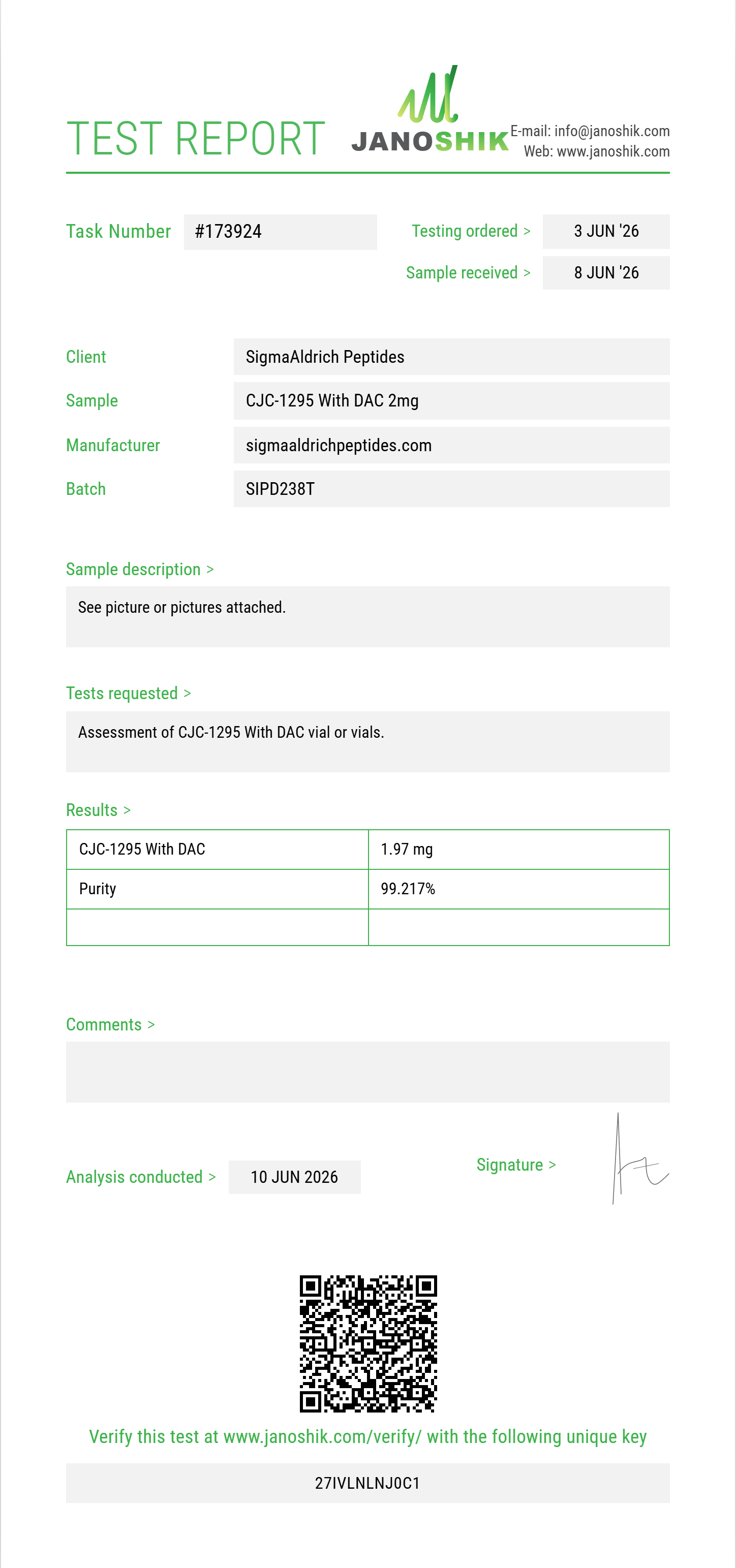 CJC-1295 With DAC Purity (HPLC) report by Janoshik Analytical