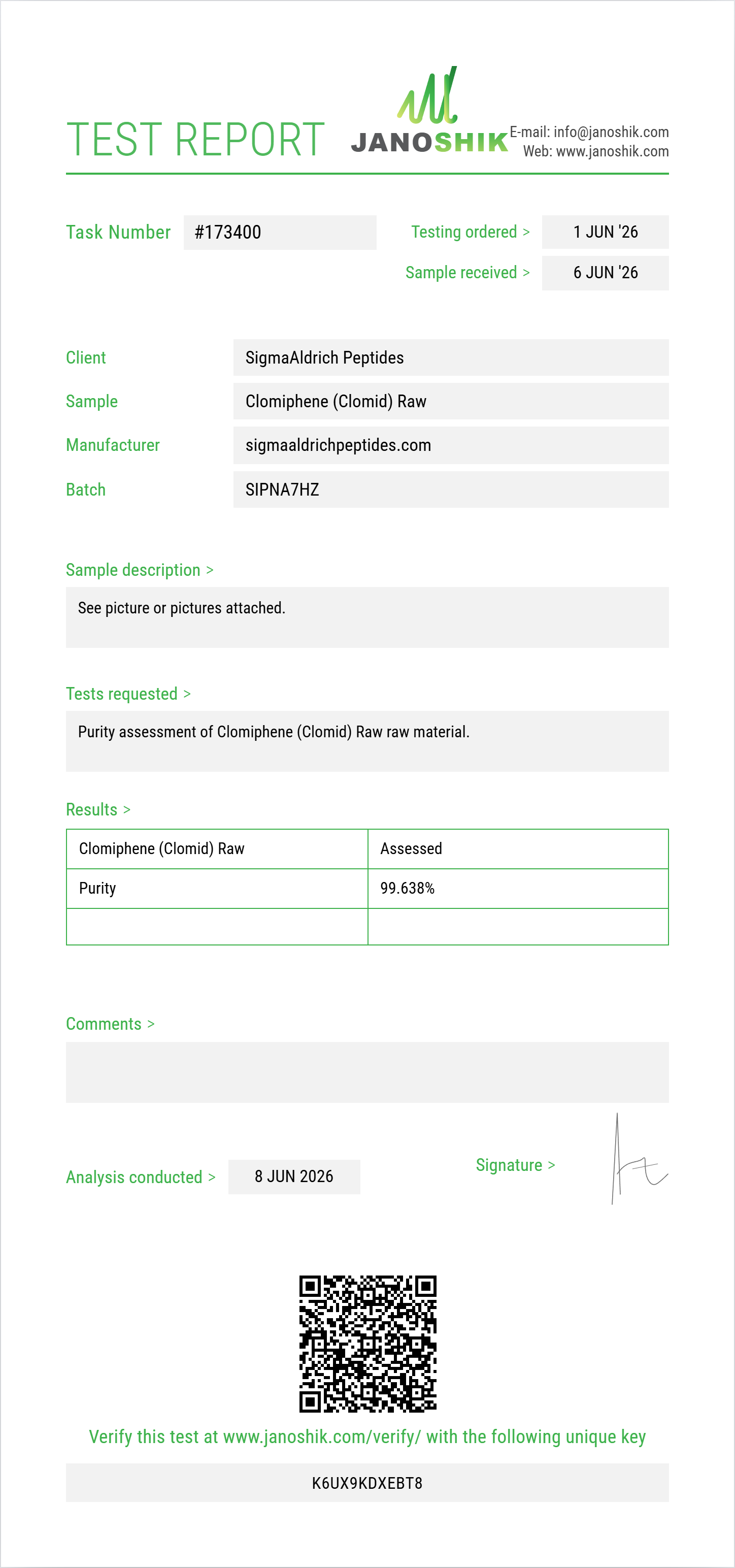 Clomiphene (Clomid) Raw Purity (HPLC) report by Janoshik Analytical