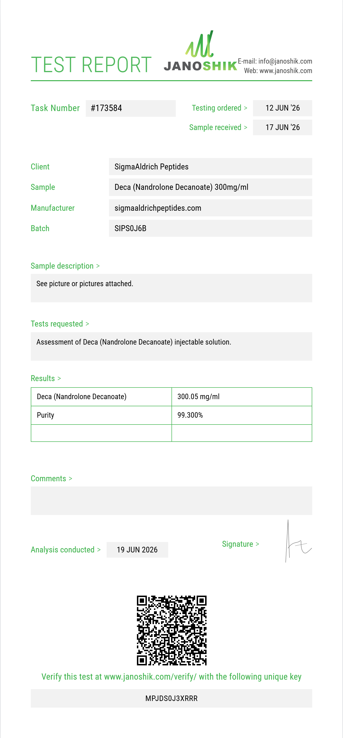 Deca (Nandrolone Decanoate) Purity (HPLC) report by Janoshik Analytical