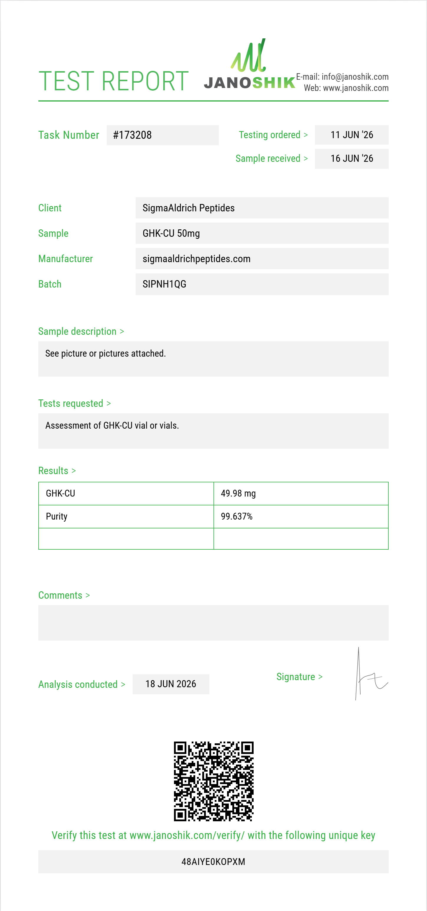 GHK-CU Purity (HPLC) report by Janoshik Analytical