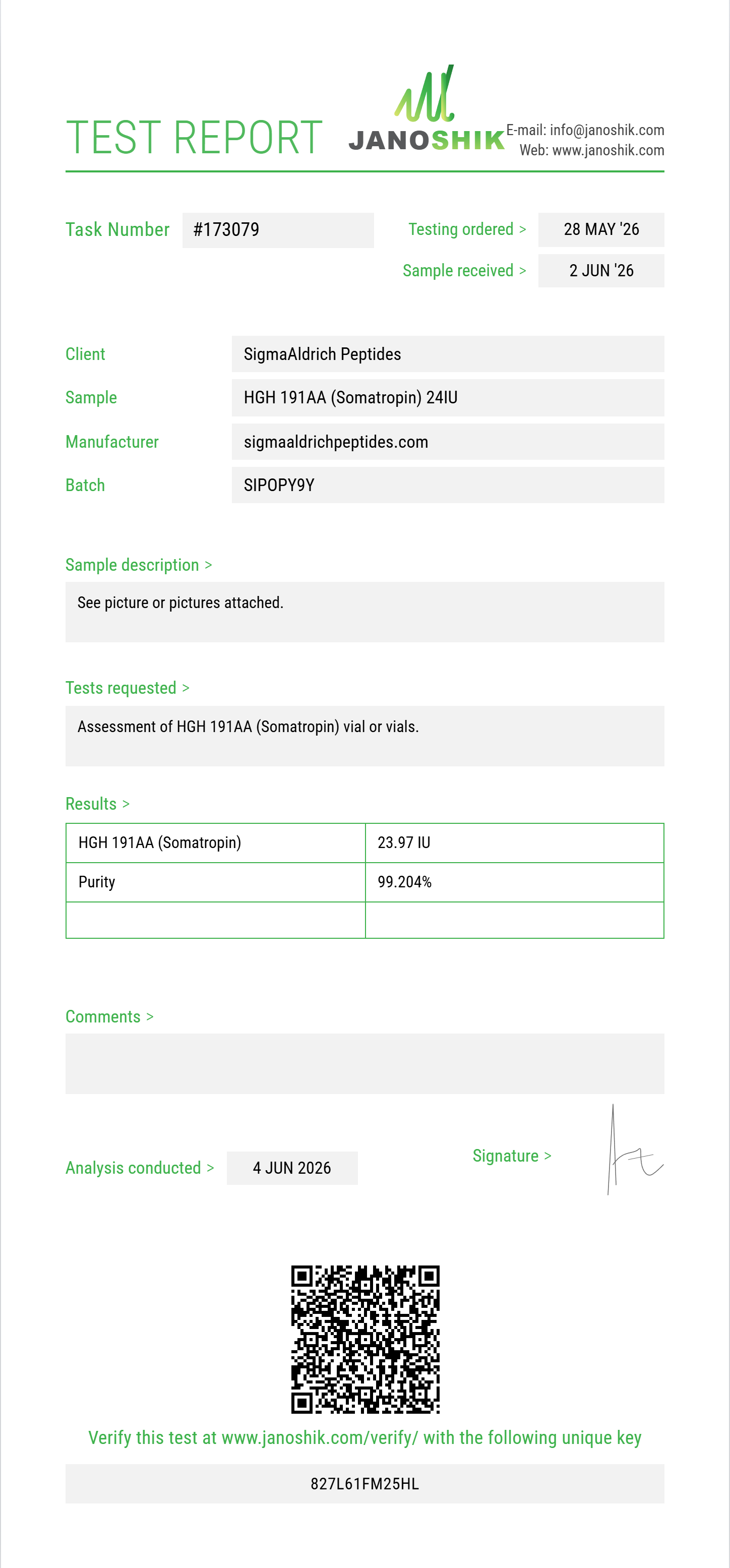 HGH 191AA (Somatropin) Purity (HPLC) report by Janoshik Analytical