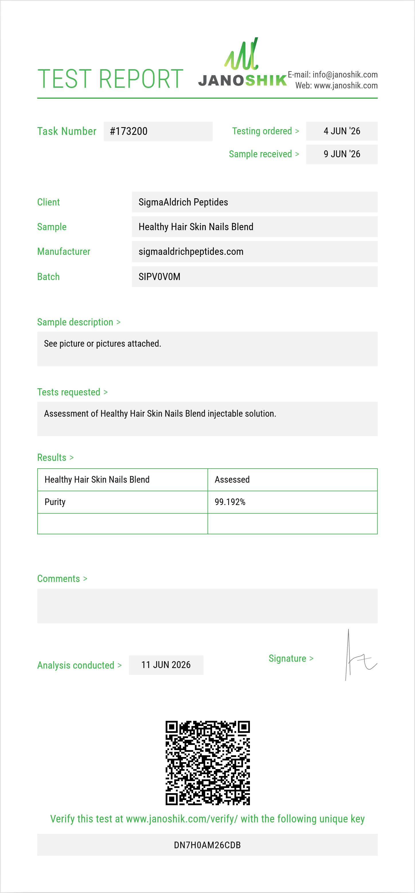 Healthy Hair Skin Nails Blend (Niacinamide+Thiamine+Pantothenic Acid+Choline+Inositol+Niacin+Biotin+Folic Acid+Riboflavin) Purity (HPLC) report by Janoshik Analytical
