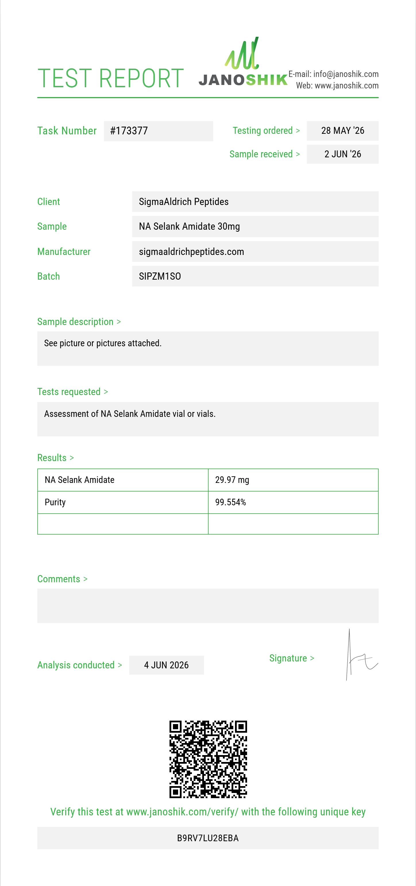 NA Selank Amidate Purity (HPLC) report by Janoshik Analytical