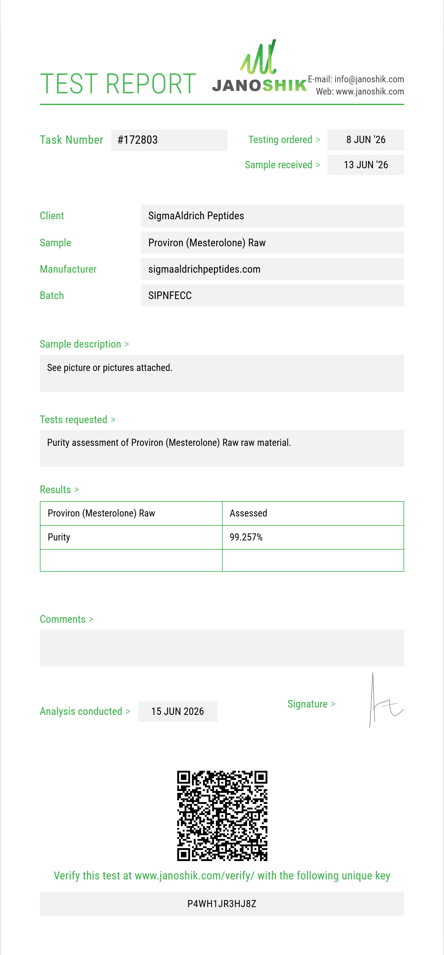 Proviron (Mesterolone) Raw Purity (HPLC) report by Janoshik Analytical