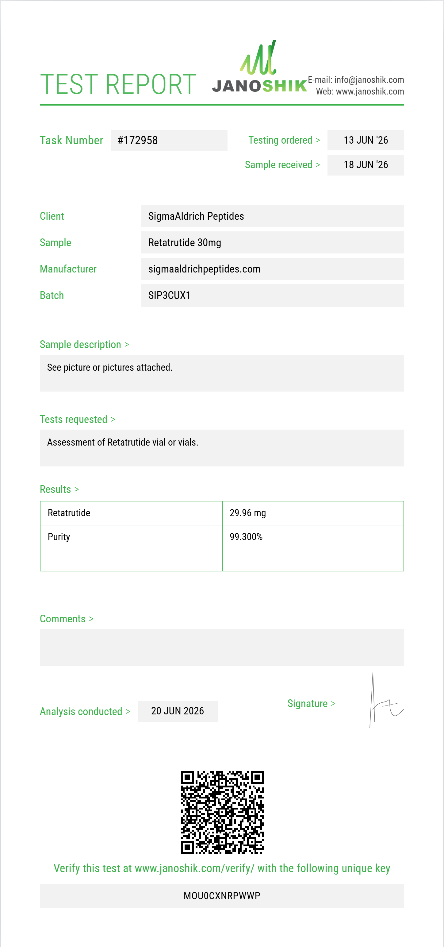 Retatrutide 30mg Pen Kit Purity (HPLC) report by Janoshik Analytical