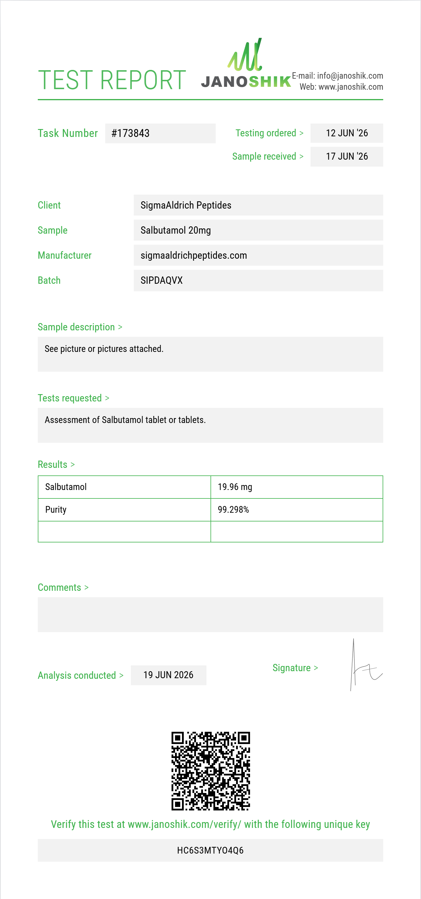 Salbutamol Purity (HPLC) report by Janoshik Analytical