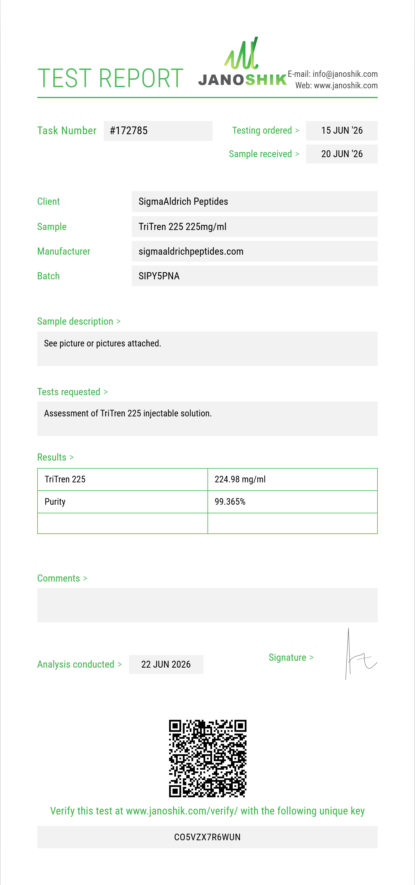 TriTren 225 Purity (HPLC) report by Janoshik Analytical