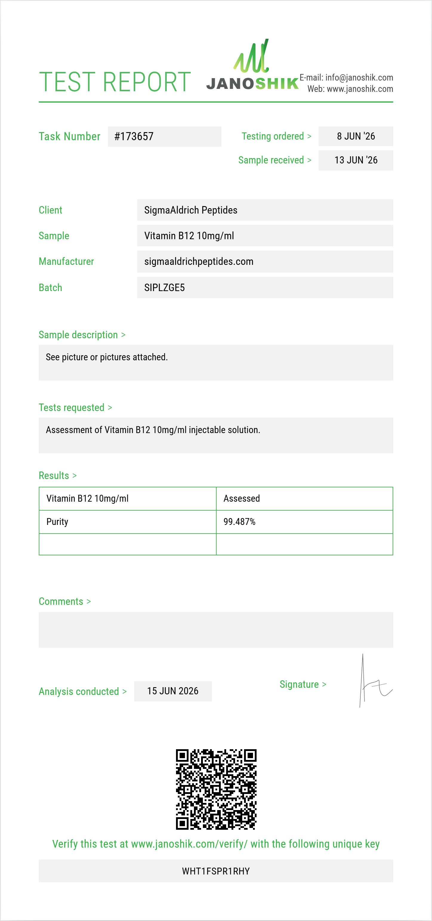 Vitamin B12 10mg/ml Purity (HPLC) report by Janoshik Analytical