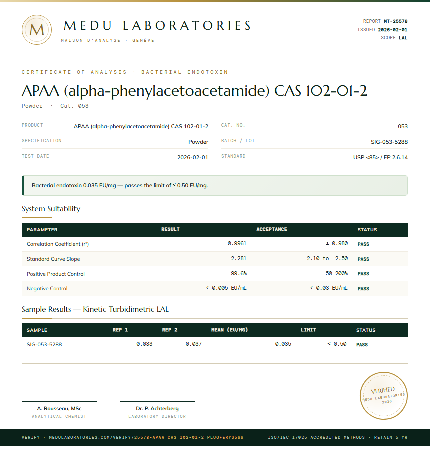 APAA (alpha-phenylacetoacetamide) CAS 102-01-2 Endotoxin report by Medu Laboratories