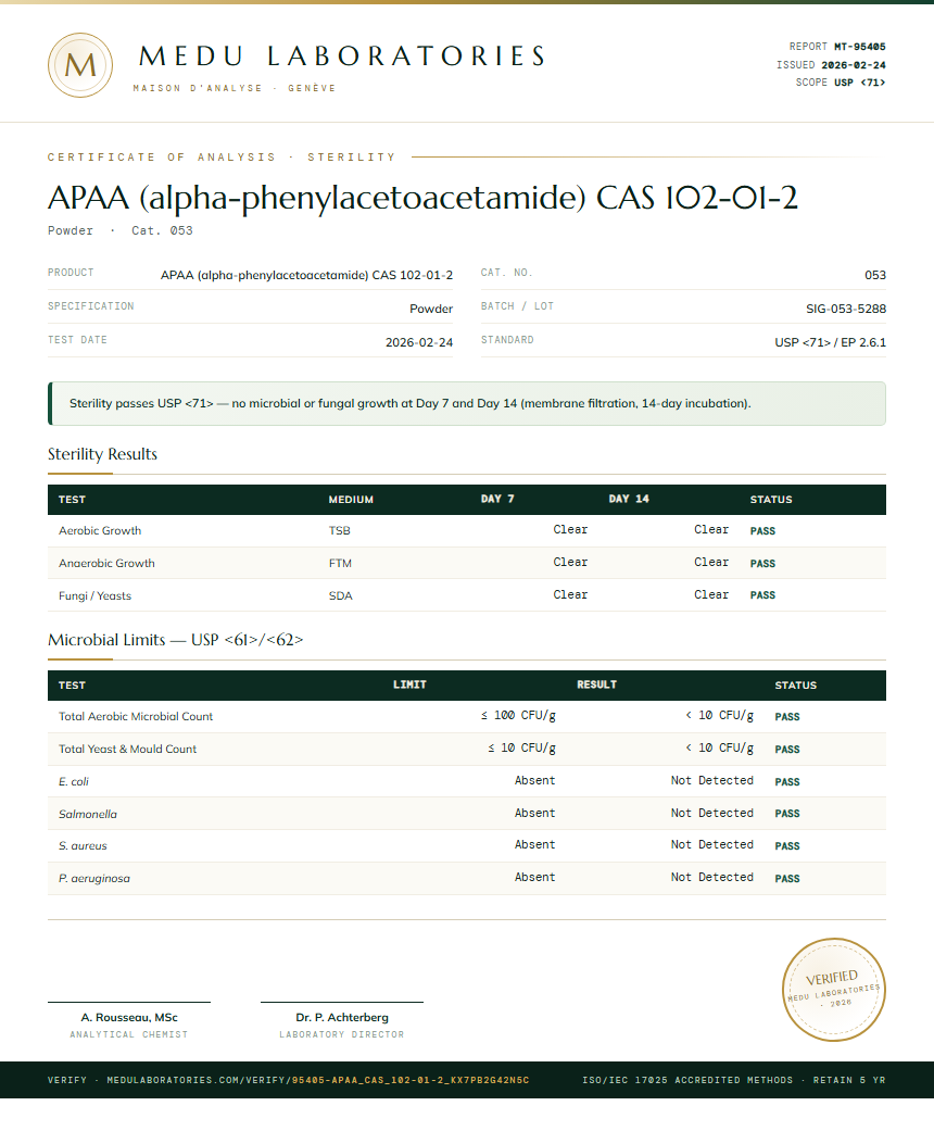 APAA (alpha-phenylacetoacetamide) CAS 102-01-2 Sterility report by Medu Laboratories
