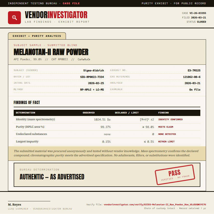 Melanotan-II Raw Powder Purity (HPLC) report by VendorInvestigator