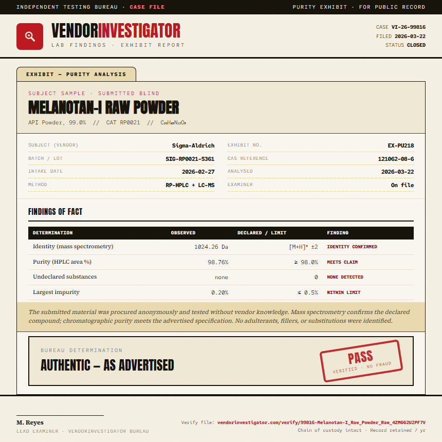 Melanotan-I Raw Powder Purity (HPLC) report by VendorInvestigator