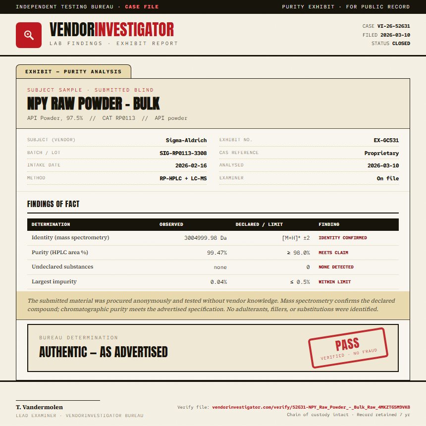 NPY Raw Powder - Bulk Purity (HPLC) report by VendorInvestigator