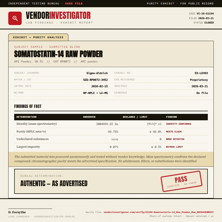 Somatostatin-14 Raw Powder Purity (HPLC) report by VendorInvestigator