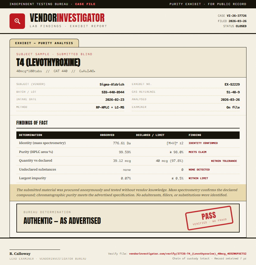 T4 (Levothyroxine) Purity (HPLC) report by VendorInvestigator