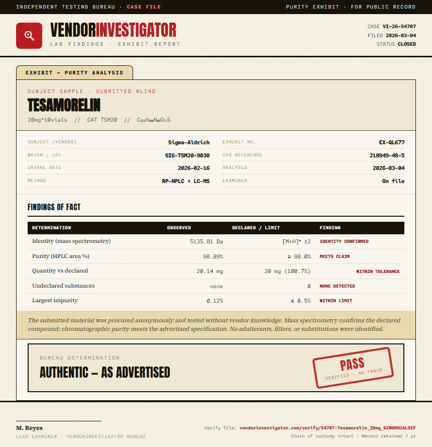Tesamorelin Purity (HPLC) report by VendorInvestigator
