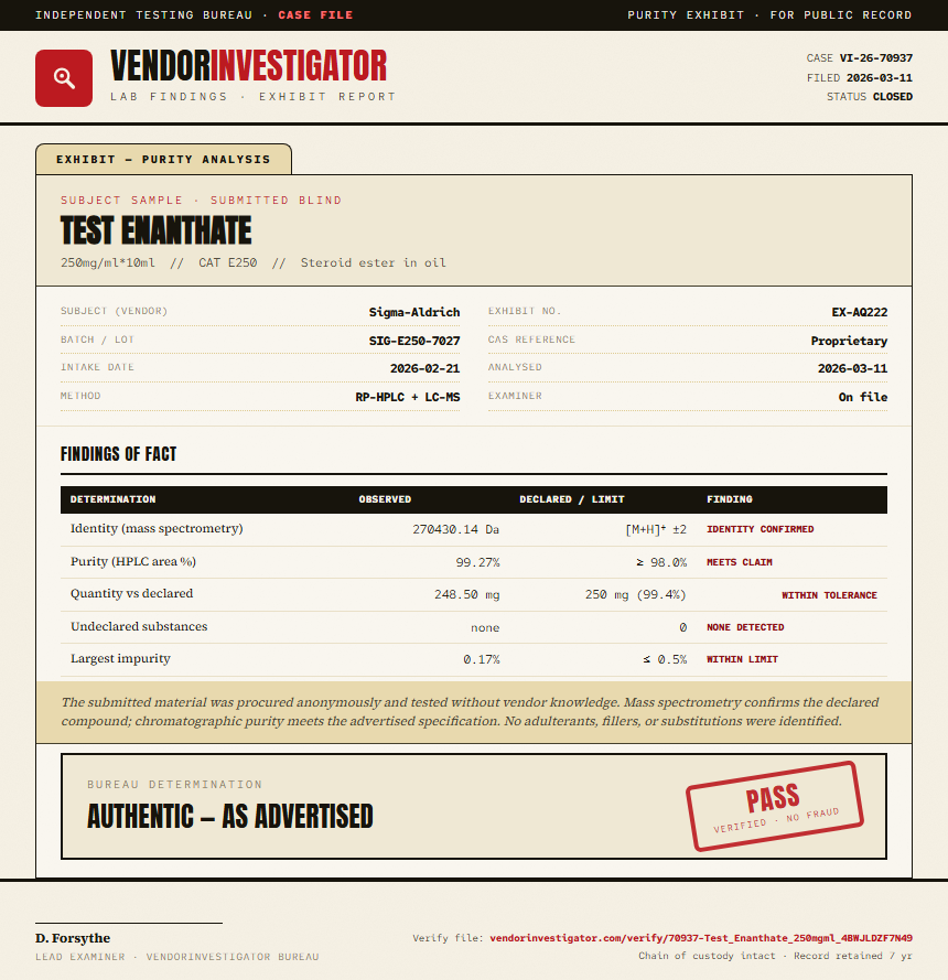 Test Enanthate Purity (HPLC) report by VendorInvestigator