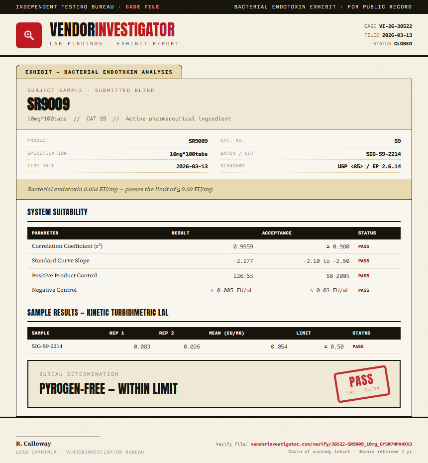 SR9009 Endotoxin report by VendorInvestigator