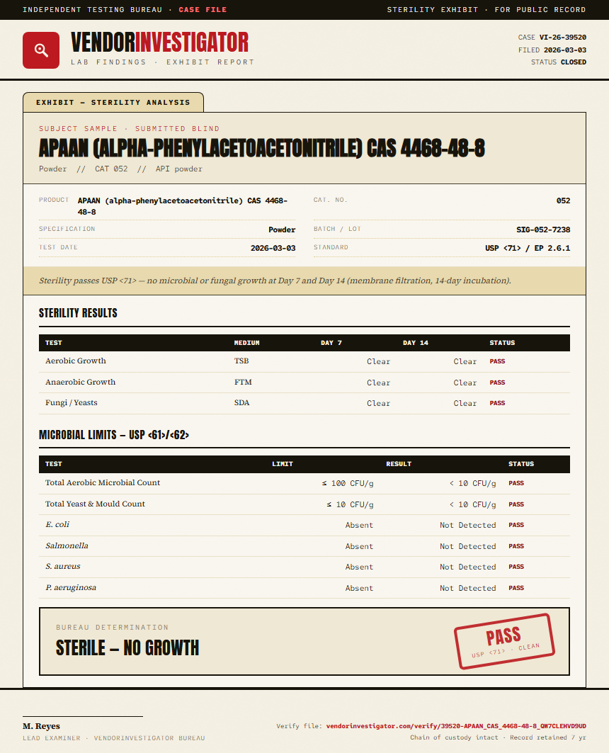 APAAN (alpha-phenylacetoacetonitrile) CAS 4468-48-8 Sterility report by VendorInvestigator